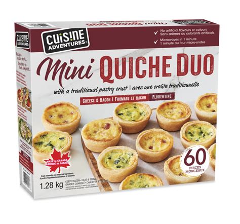 Cuisine Adventures Mini Quiche Florentine (72 ct) from Costco – Instacart. How do you make Costco quiche? Remove quiche from the carton and plastic wrapping prior to cooking. Conventional Oven: (Preferred method) Preheat oven to 375°F. Bake in foil pan for 23-25 minutes (add 5-10 minutes if frozen) or until center reaches 165°F. …